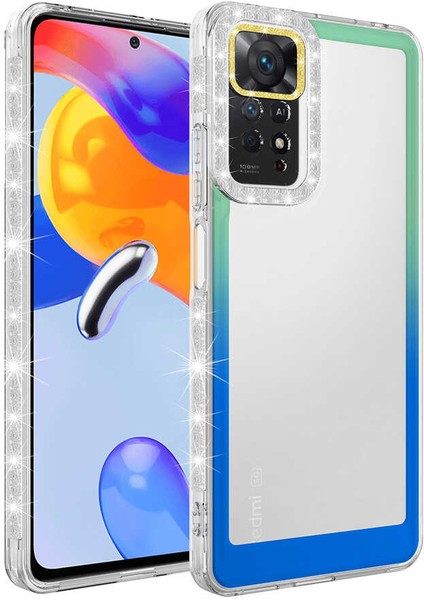 Xiaomi Redmi Note 11S Global Kılıf Simli ve Renk Geçiş Tasarımlı Lens Korumalı Aden Park Kapak-Yeşil-Mavi