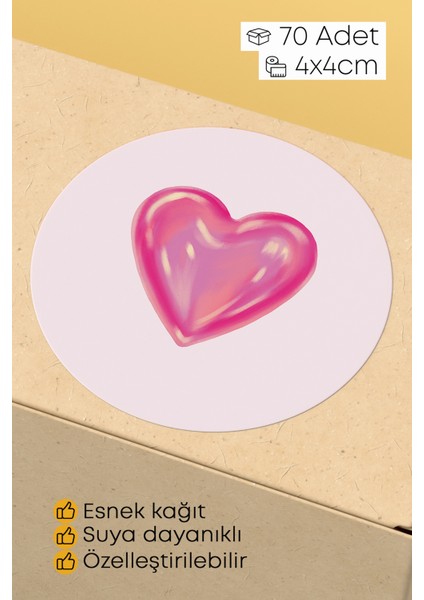 Pembe Kalp Ikonlu Sticker Paketleme Kargo Ambalaj Etiketi - 4X4CM 70 Adet Yuvarlak