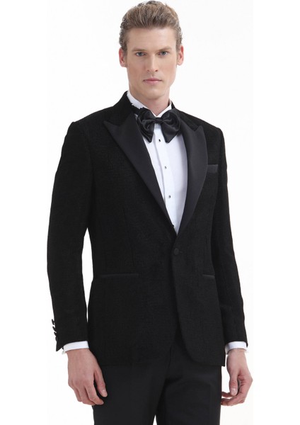 Siyah Desenli Thin&taller Slim Fit Kruvaze Yaka Dokuma Smokin Takım Elbise