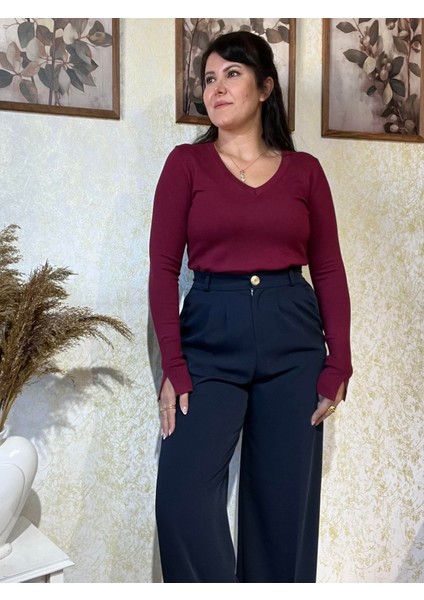 Lacivert Arka Beli Lastikli Gold Düğme Detaylı Palazzo Pantolon