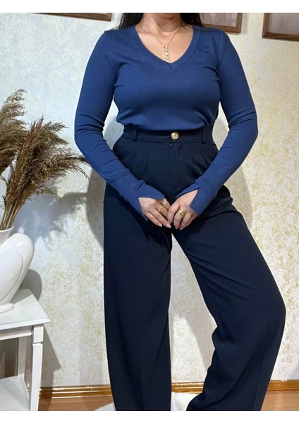 Lacivert Arka Beli Lastikli Gold Düğme Detaylı Palazzo Pantolon fiyatları