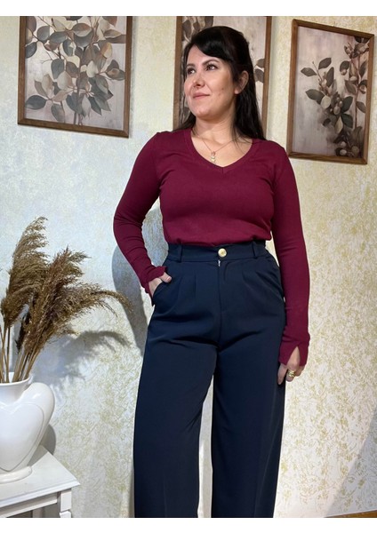 Lacivert Arka Beli Lastikli Gold Düğme Detaylı Palazzo Pantolon fırsatları