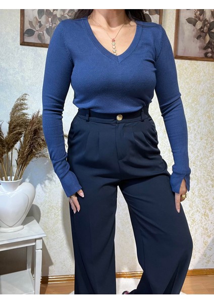 Lacivert Arka Beli Lastikli Gold Düğme Detaylı Palazzo Pantolon