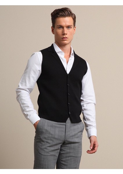 Siyah Regular Fit Casual Örme Triko Yelek