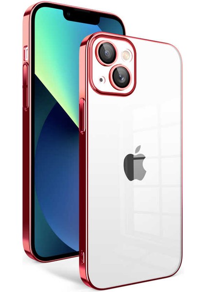 iPhone 13 Uyumlu Kamera Korumalı Renkli Çerçeveli Aden Garaj Kapak-Kırmızı
