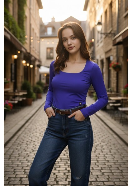 Kadın Kare Yakalı Crop Uzun Kollu Pamuklu Bluz
