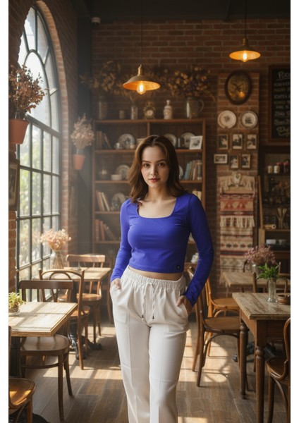 Kadın Kare Yakalı Crop Uzun Kollu Pamuklu Bluz fiyatları