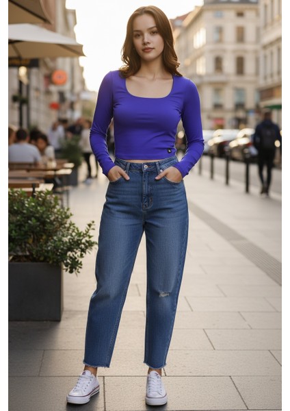 Kadın Kare Yakalı Crop Uzun Kollu Pamuklu Bluz modelleri