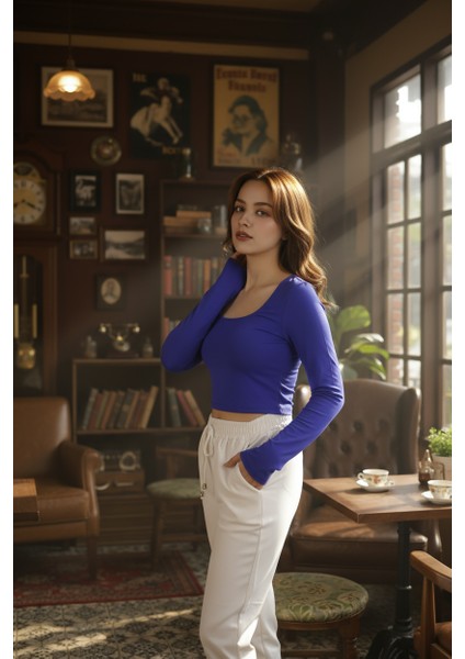 Kadın Kare Yakalı Crop Uzun Kollu Pamuklu Bluz indirimleri