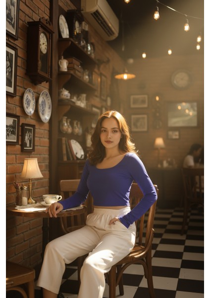 Kadın Kare Yakalı Crop Uzun Kollu Pamuklu Bluz