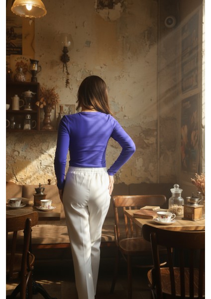 Kadın Kare Yakalı Crop Uzun Kollu Pamuklu Bluz
