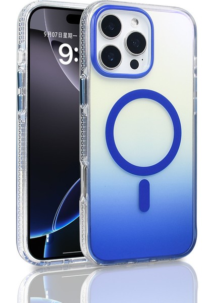iPhone 16 Pro Max Kılıf M-Safe Şarj Özellikli Transparan Renk Geçişli Aden Toros Kapak - Mavi