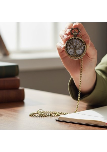 Kişiye Özel Kutulu Ağaç Kabartmalı Quartz Köstekli Saat