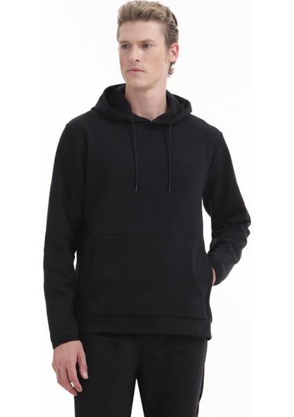 Siyah Kapüşonlu Düz Sweatshırt