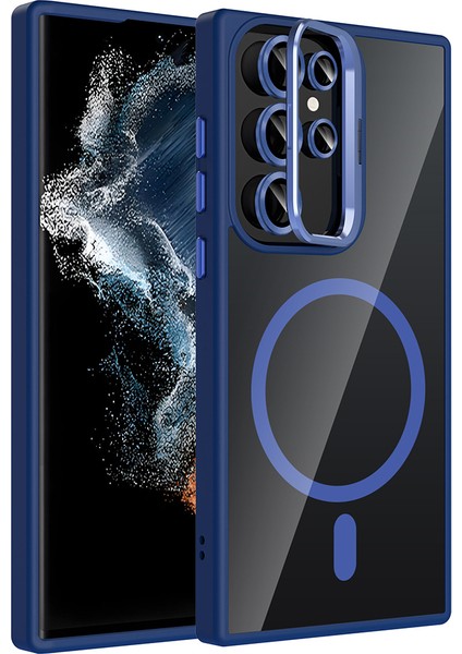 Galaxy S22 Ultra Kılıf Standlı ve Kamera Lens Hediyeli M-Safe Şarj Özellikli Aden Etro Kapak - Laciv