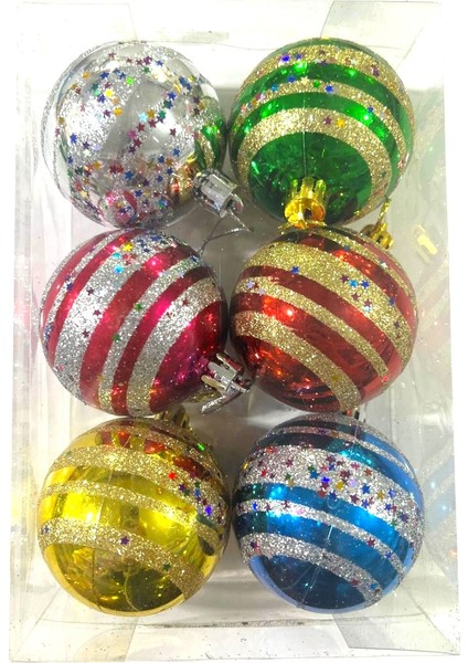 Yılbaşı Süsleri 6 Lı Top 6 cm Desenli Kar Süslemeli Ağaç Süsü Hediyelik Noel Ball