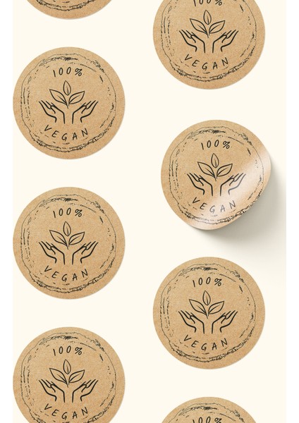 %100 Vegan Yazılı Kraft Desenli Sticker Paketleme Kargo Ambalaj Etiketi - 4X4CM 70 Adet Yuvarlak fırsatları