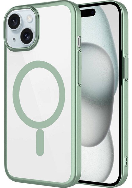 Apple iPhone 15 Kılıf Wireless Şarj Özellikli Sert Pc Aden Mat Riksos Magsafe Kapak-Yeşil