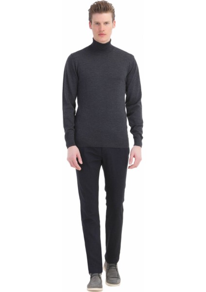 Antrasit Tam Balıkçı Yaka Düz Örgü %100 Yün Triko Kazak