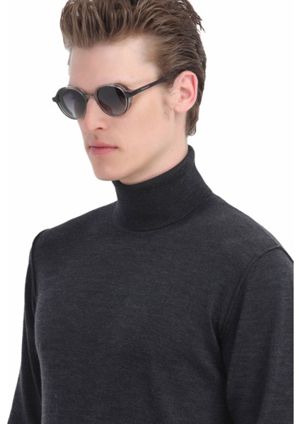 Antrasit Tam Balıkçı Yaka Düz Örgü %100 Yün Triko Kazak