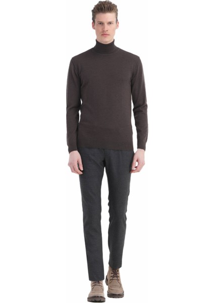 Kahverengi Tam Balıkçı Yaka Düz Örgü %100 Yün Triko Kazak