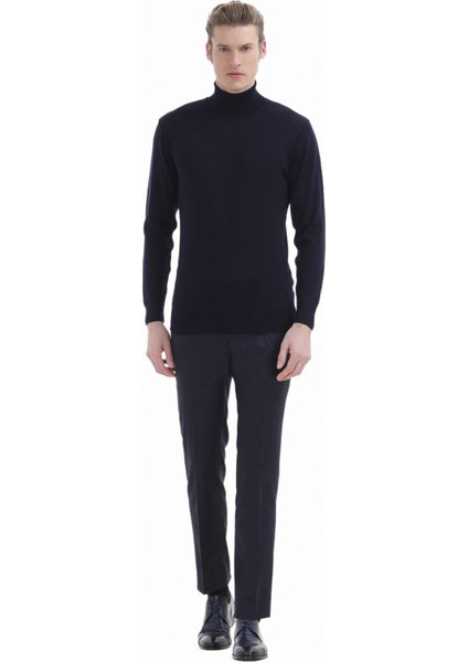 Lacivert Tam Balıkçı Yaka Düz Örgü %100 Yün Triko Kazak