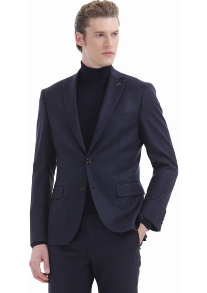 Lacivert Tam Balıkçı Yaka Düz Örgü %100 Yün Triko Kazak