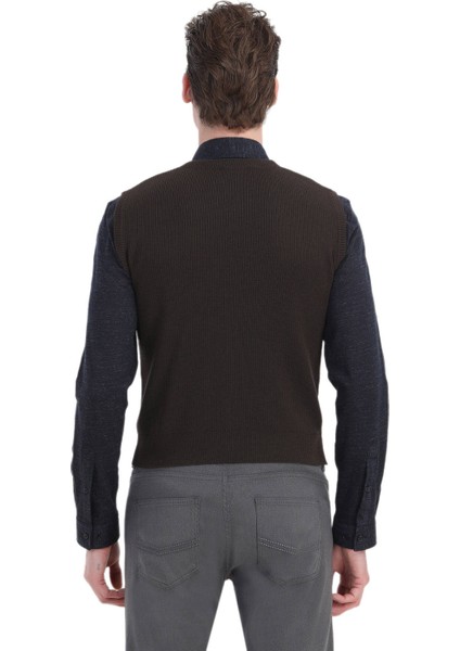 Kahverengi Regular Fit V Yaka Casual Örme Triko Yelek