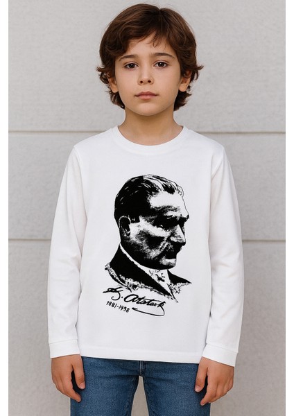 Atatürk Portre Baskılı Beyaz Çocuk Uzun Kollu Tişört | %100 Pamuk | 6-12 Yaş