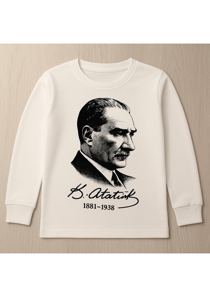 Atatürk Portre Baskılı Beyaz Çocuk Uzun Kollu Tişört | %100 Pamuk | 6-12 Yaş fiyatları