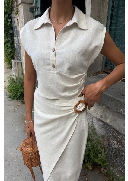 Bluzu Büzgülü ve Eteği Tokalı Keten Takım 10204