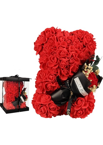 Kırmızı Gül Şeklinde Yapay Çiçeklerden Ayıcık ve Mini Buket Hediyelik Seti – Özel Hediye Kutusunda