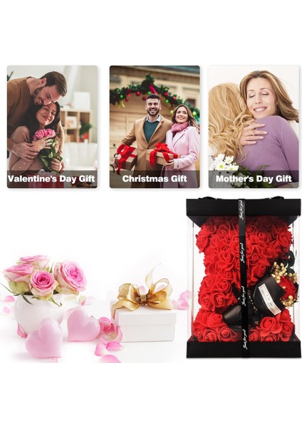 Kırmızı Gül Şeklinde Yapay Çiçeklerden Ayıcık ve Mini Buket Hediyelik Seti – Özel Hediye Kutusunda fırsatları