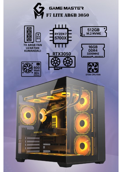 F7 Lite Argb RTX3050 Ryzen 7 5700X Cpu 16GB Ram 512GB M.2 SSD RTX3050 6gb 7x Argb Fanlı Gaming Pc