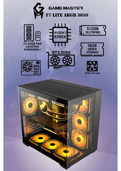 F7 Lite Argb RTX3050 Ryzen 7 5700X Cpu 16GB Ram 512GB M.2 SSD RTX3050 6gb 7x Argb Fanlı Gaming Pc modelleri