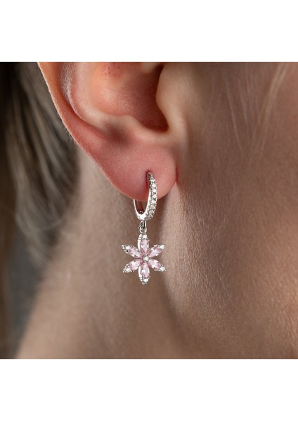 925 Ayar Gümüş Pembe Taşlı Çiçek Küpe modelleri