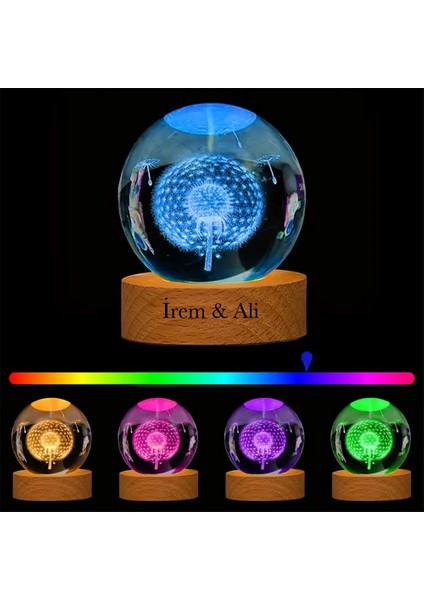 Isme Özel Büyük Boy Işıklı Ahşap Kaideli Karahindiba Temalı Cam Küre 8cm