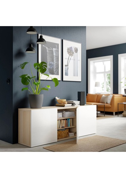 Besta Dolap Kombinasyonu Ağartılmış Meşe Görünümlü Parlak Cila Beyaz 180 x 42 x 65 cm Selsviken modelleri