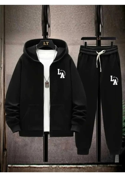 Punıx Büyük Beden La Baskılı Kalın 3 Iplik Kışlık Fermuarlı Kapüşonlu Battal Erkek Eşofman Takımı