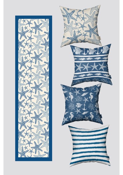 Mavi Marin Temalı Deniz Yıldızı Desenli 4 Kırlent Kılıfı ve 1 Runner Seti