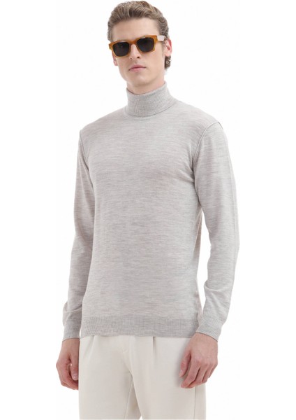 Açık Bej Tam Balıkçı Yaka Düz Örgü %100 Yün Triko Kazak indirimleri