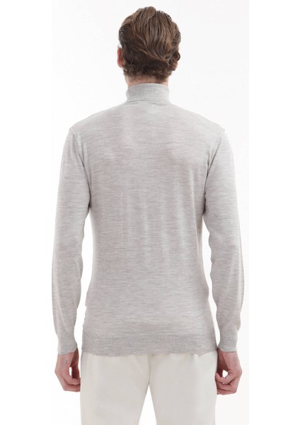 Açık Bej Tam Balıkçı Yaka Düz Örgü %100 Yün Triko Kazak