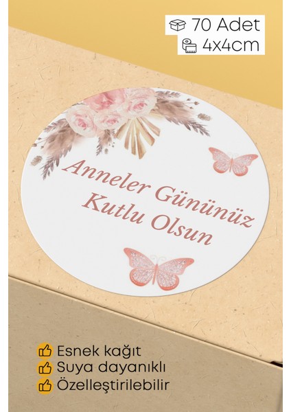 Anneler Gününüz Kutlu Olsun Yazılı Sticker Paketleme Kargo Ambalaj Etiketi - 4X4CM 70 Adet