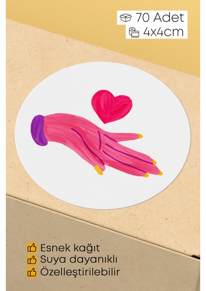 Kalp ve El Desenli Sticker Paketleme Kargo Ambalaj Etiketi - 4X4CM 70 Adet Yuvarlak