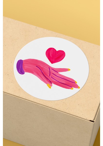 Kalp ve El Desenli Sticker Paketleme Kargo Ambalaj Etiketi - 4X4CM 70 Adet Yuvarlak