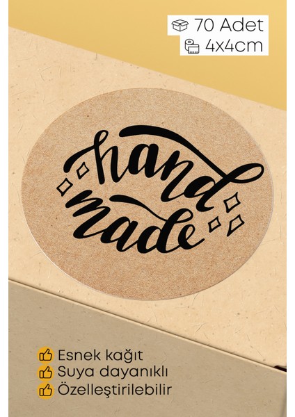 Hand Made Yazılı Sticker Paketleme Kargo Ambalaj Etiketi - 4X4CM 70 Adet