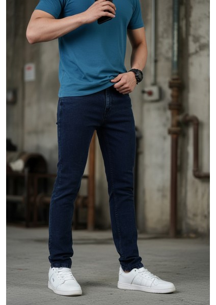Likralı Lacivert Normal Bel Boru Paça Erkek Kot Pantolon Erkek Pantolon Lacivert Erkek Kot Pantolon