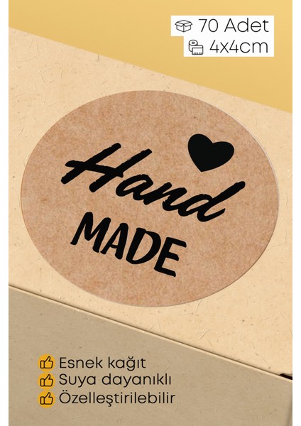 Hand Made - With Love Yazılı Sticker Paketleme Kargo Ambalaj Etiketi - 4X4CM 70 Adet Yuvarlak