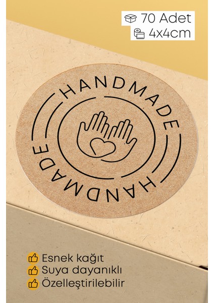 Hand Made Yazılı Sticker Paketleme Kargo Ambalaj Etiketi - 4X4CM 70 Adet Yuvarlak