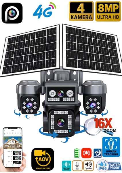 Z7PLUS 8MP 4 Kameralı 4G Çift Solar Panel 16X Zoom Dual Batarya HiEasy AOV (Sürekli Kayıt) Gece Görüş Çift Yönlü Ses